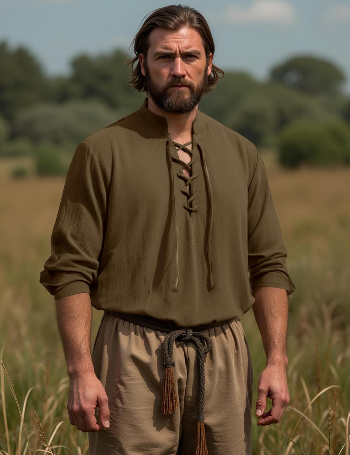 ZEROYAA Men's Medieval Vintage Long Sleeve Lace Up Shirt Renaissance Costume for Halloween Viking Pirate Cosplay - Image 2