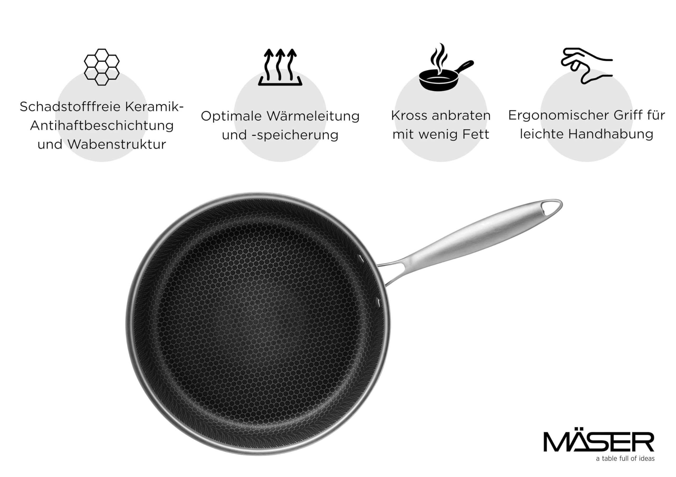 MÄSER Hestia, Bratpfanne 24 cm, Edelstahl keramikbeschichtet mit Wabenstruktur, Silber/Schwarz
