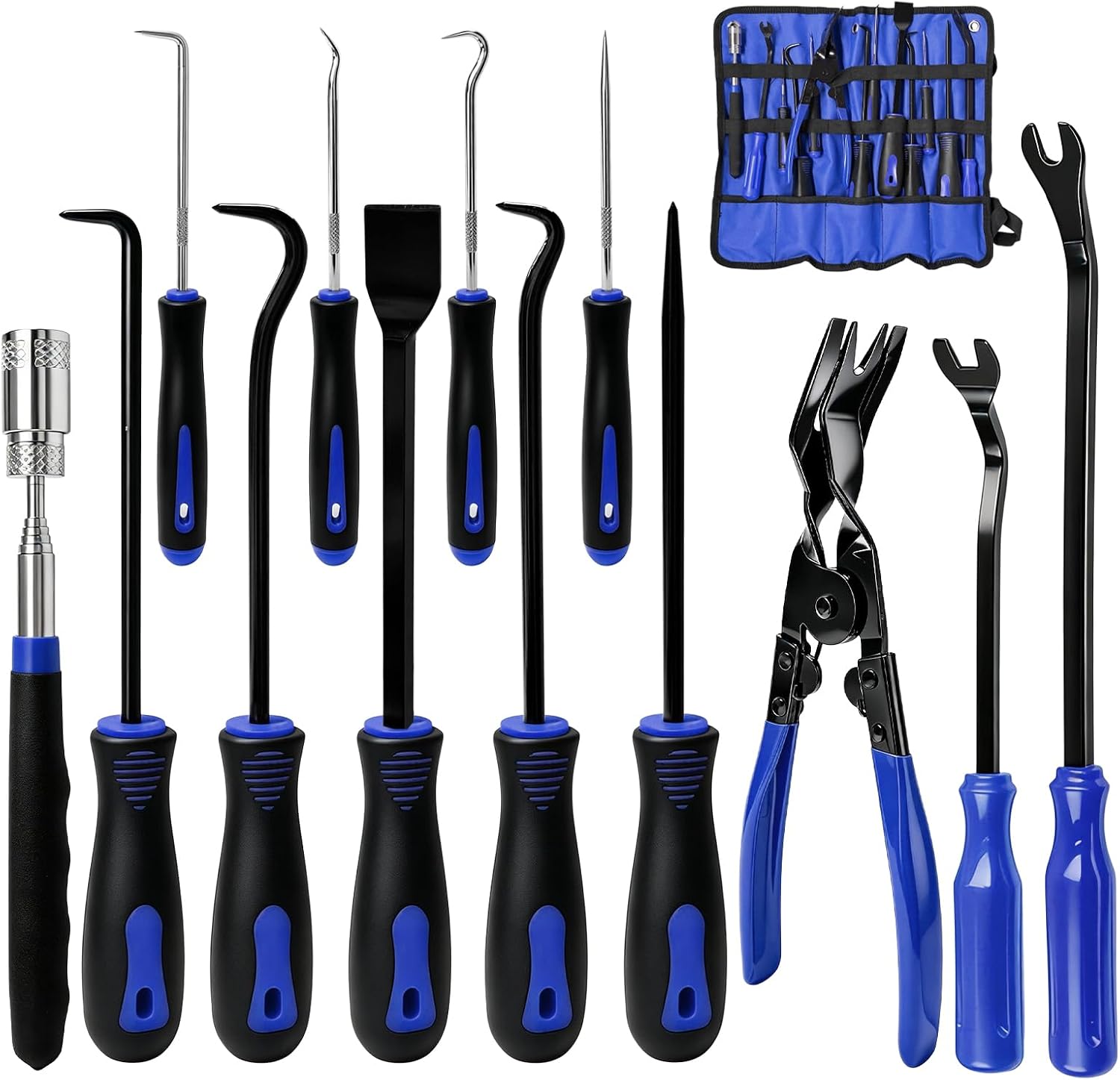 13PCS Precision Pick and Hook Tool Set, Magnetic Telescoping Tool w/Clip Pliers Fastener Remover Gasket Scraper, Rivets Puller Pick Tools w/Storage Bag for Automotive Repair (Red & Black)