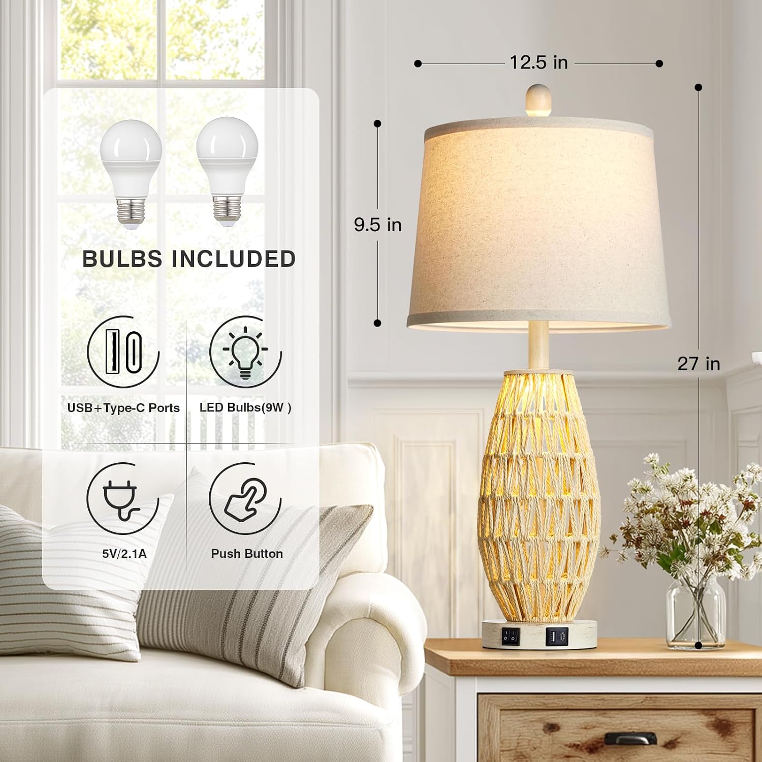 27" Beige Boho Rattan Lamps Set of 2, Coastal Natural Bedroom Table Lamps with Night Light, Woven Wicker Bedside Nightstand Lamp with USB A+C Charging Port, Farmhouse Lamp for Living Room