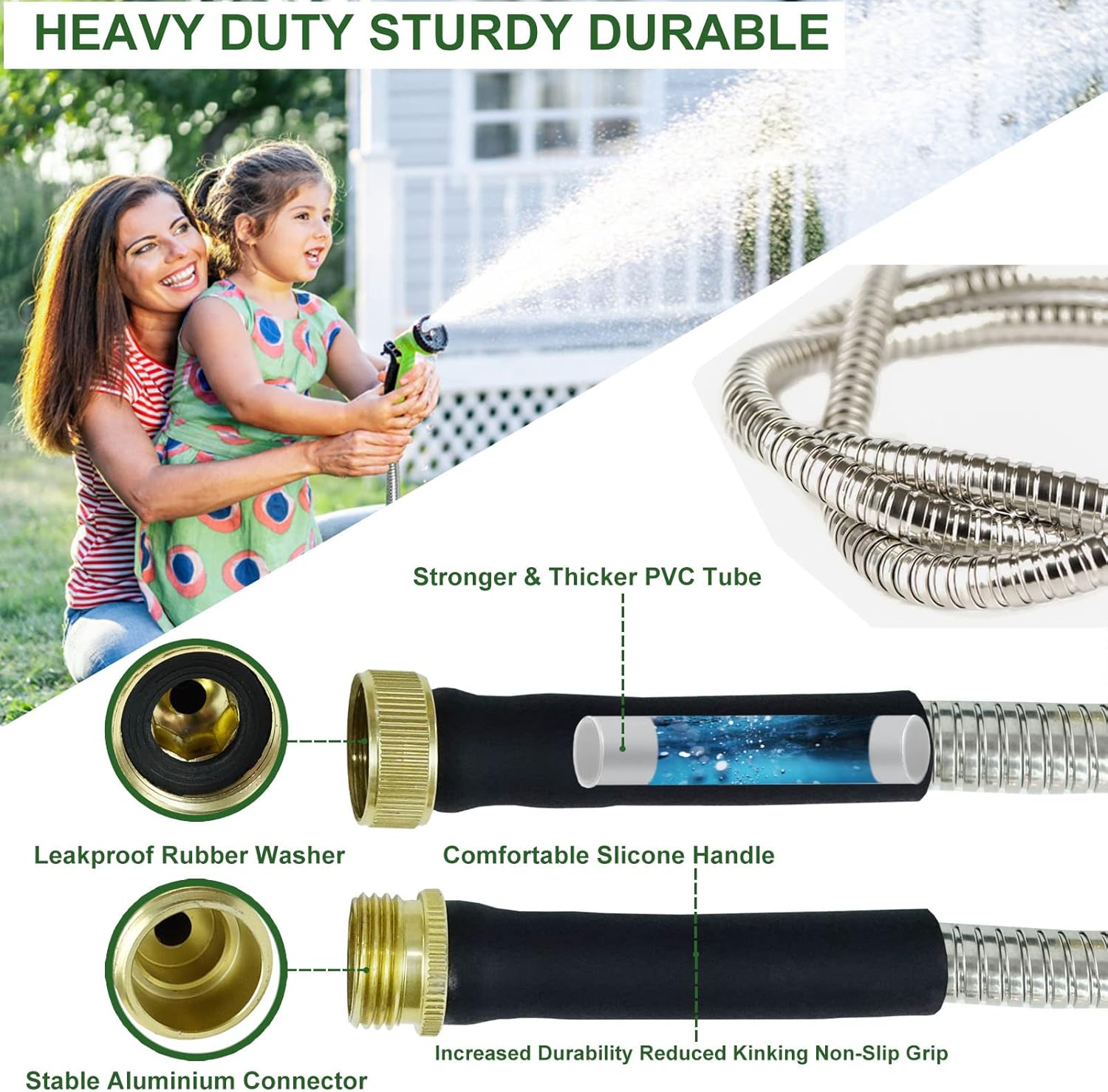 Metal Garden Hose 50FT, Heavy Duty Water Hose with Sprayer Nozzle - Leak Proof, Kink Free, Anti-rust, 5/8" Diameter Steel Hose, Ultra Lightweight & Durable Outdoor Hose