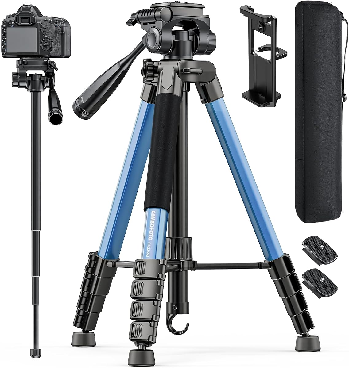 CAMBOFOTO 73" Camera Tripod and Monopod, Aluminum Tripod Stand/Navy Blue | for Professional Camera/Mirrorless/DSLR/Cell Phone/Camcorder/GoPro, with Phone Holder/Travel Bag