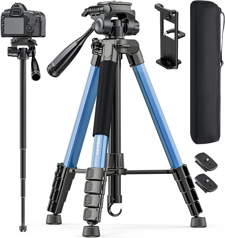 CAMBOFOTO 73" Camera Tripod and Monopod, Aluminum Tripod Stand/Navy Blue | for Professional Camera/Mirrorless/DSLR/Cell Phone/Camcorder/GoPro, with Phone Holder/Travel Bag