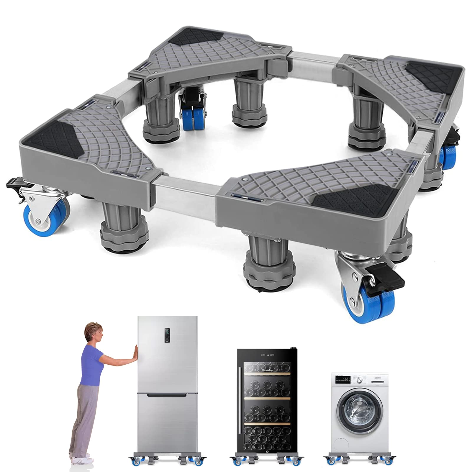 Stand Universal Mobile Base Movable Washing Machine Base Stand Adjustable Washer Dryer Refrigerator Bases Appliance Dolly Square with 4 Locking Dual-wheel and 8 Lifting Feet