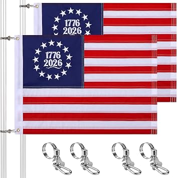 2PCS 16" x 24" 1776-2026 Betsy Ross Flags for Boat, Embroidered 250th Anniversary USA Flag with Easy Installation 4 Clamps & Metal Buckles, American Flags for Boats, Yachts, RVs, and Marine Use