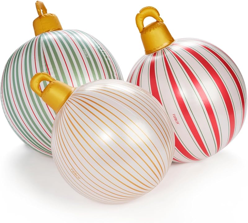 FUNBOY Giant Inflatable LED Vintage Stripe Christmas Ornaments, 3-Pack | 3 Giant Sizes: 24'', 22'' and 16.5'', Indoor/Outdoor, 3 Pack