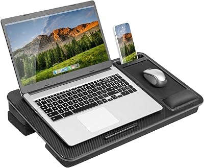 LAPGEAR Extra Large Adjustable Lap Desk β Fits Laptops up to 17.3β, Adjustable Cushion, Memory Foam Wrist Rest, Mouse Pad, Device Ledge, & Phone Slot β Black Carbon - Style No. 88108
