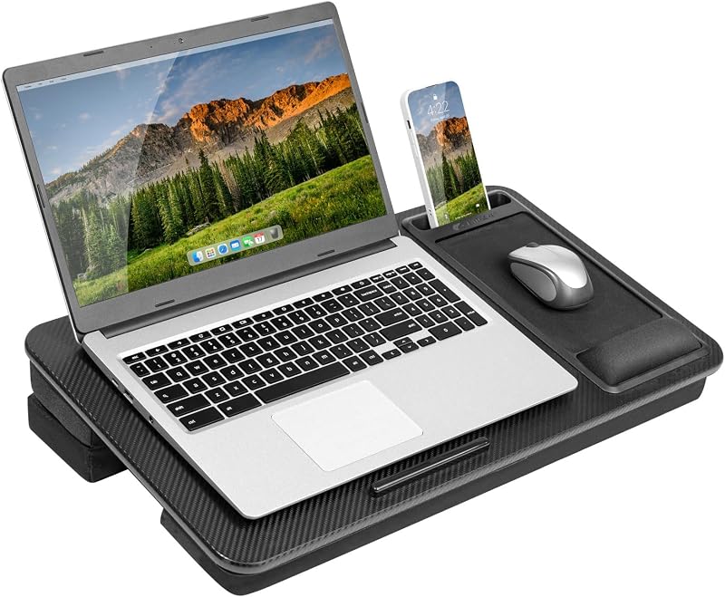 LAPGEAR Extra Large Adjustable Lap Desk – Black Carbon, Fits 17.3" Laptops | Fold-Out Foam Cushion, Memory-Foam Wrist Rest, Built-In Mouse Pad, Phone Slot, Device Ledge, Carry Handle