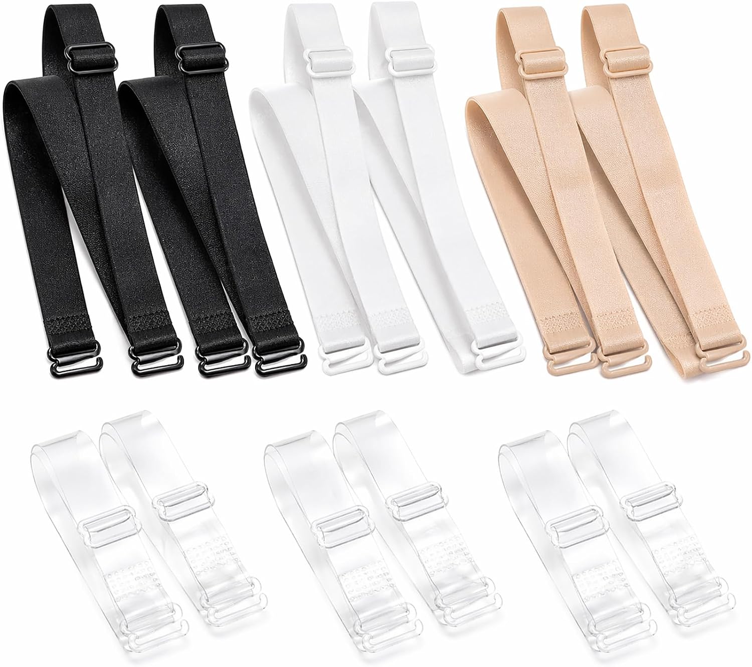East Fantasy 6 Pairs Adjustable Bra Straps, Clear and Black White Beige