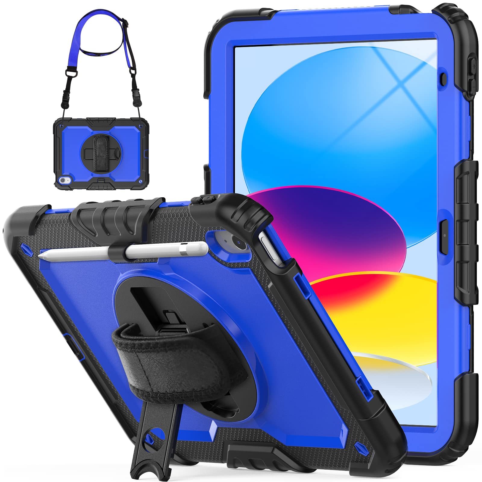 SEYMCY Case for iPad (A16) 11th/10th Generation 2025 (11 inch)/2022 (10.9 inch), Full-body Shockproof with Screen Protector, 360° Rotating Stand & Hand Strap, Carrying Strap, Pencil Holder, Blue