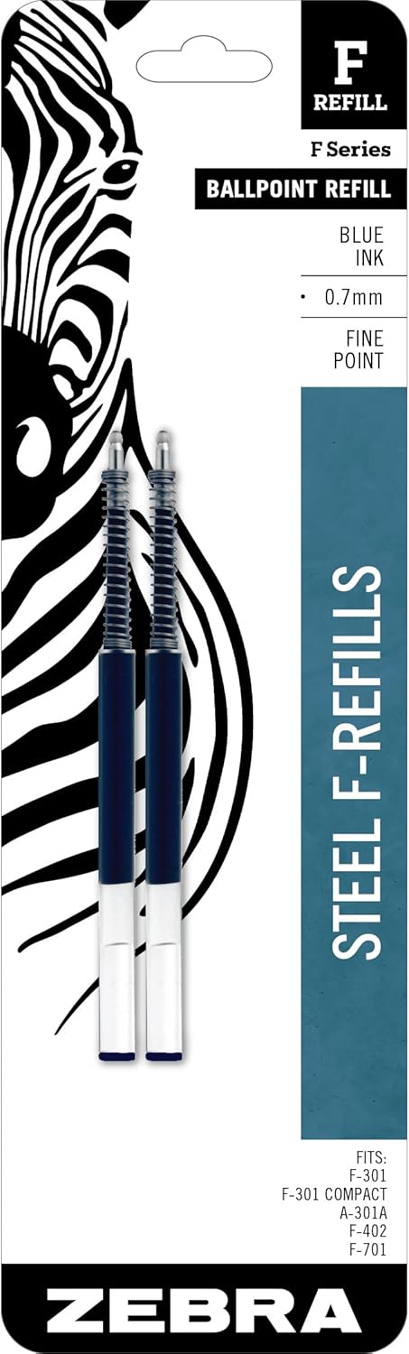 Zebra Pen Steel, F-Refill Ballpoint Ink Refills, 0.7mm Fine Point, Black Ink, Fits Zebra F-301, F-402, and F-701 Ballpoint Pens, Smooth Writing Performance, 10-Pack (500723
