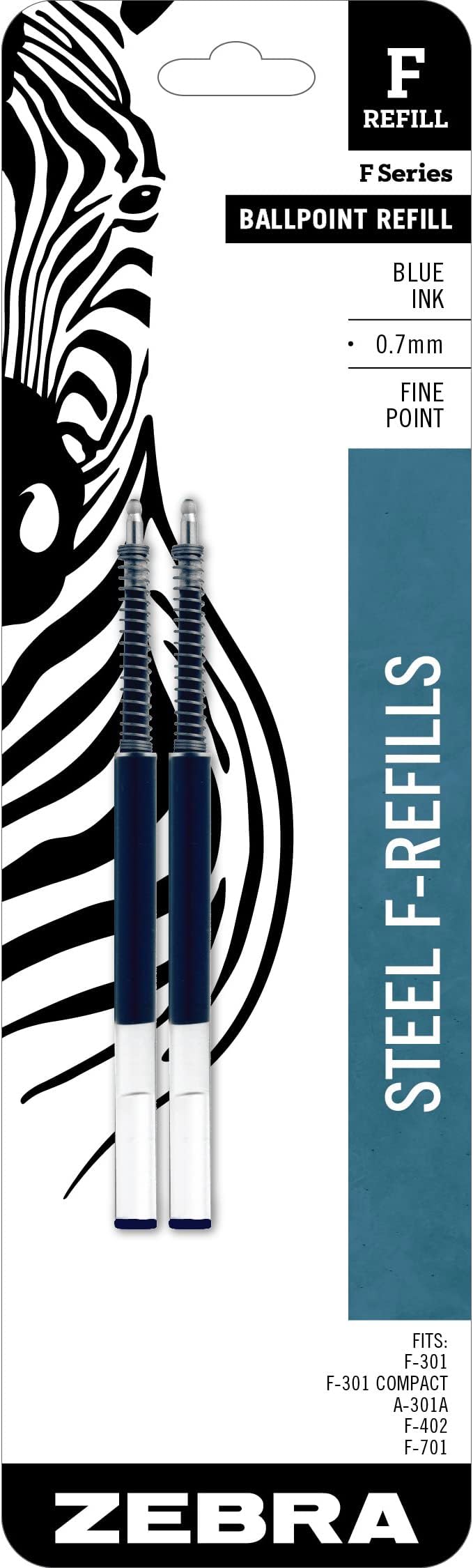 STEEL, F-Refill Ballpoint Ink Refills, 0.7mm Fine Point, Blue Ink, Fits Zebra F-301, F-402, and F-701 Ballpoint Pens, Smooth Writing Performance, 2-Pack (85522)