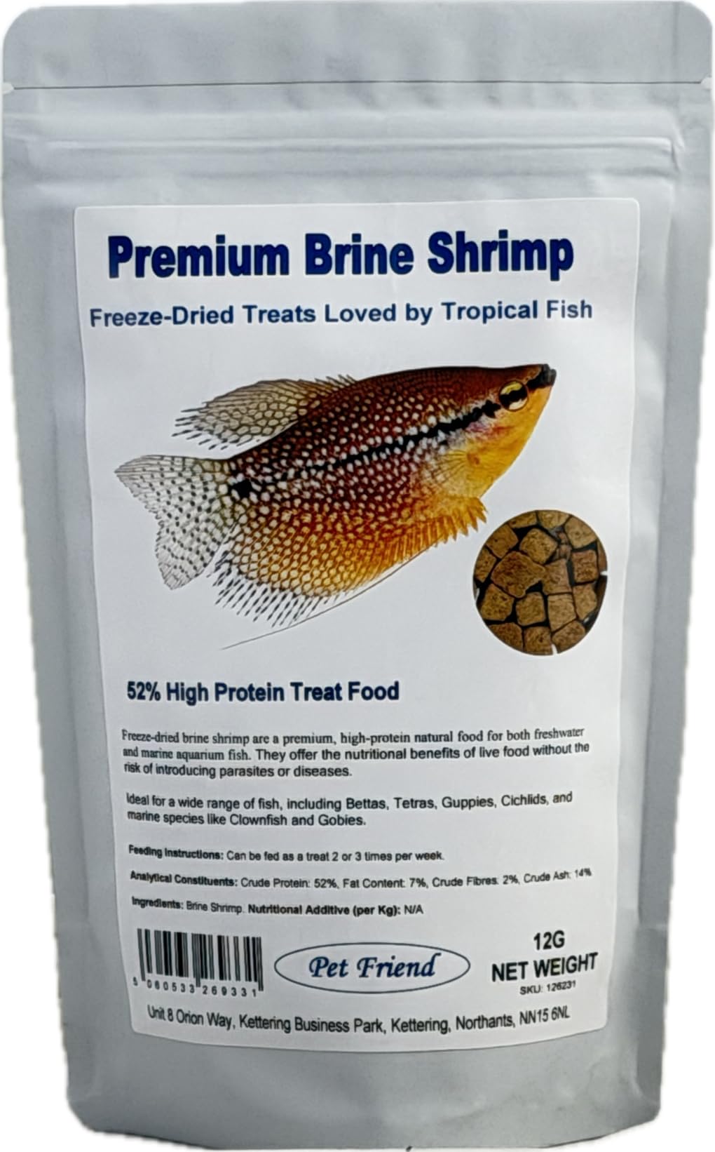 Pet Friend 100% Freeze Dried Brine Shrimp 12g Troical Fish Food Premium 52% Artemia High Protein Treats Loved By Betta Cichlids Goldfish & Guppies