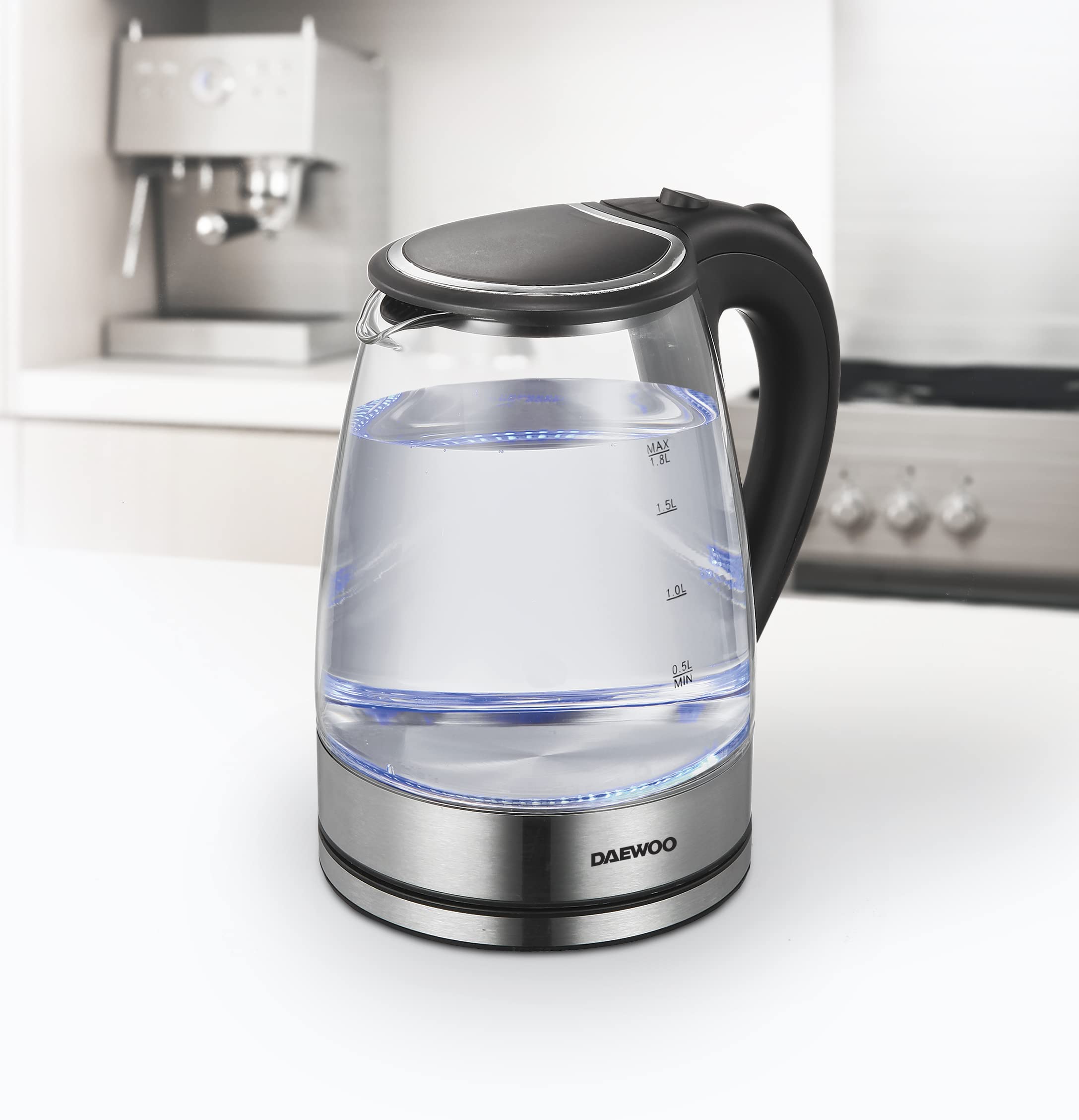 Daewoo DSWK30AT Hervidor de vidrio - Hervidor grande - Agua de ebullición rápida - 1,8 litros - 1500 Watt - Iluminación LED azul - Carcasa de acero inoxidable - Apagado automático
