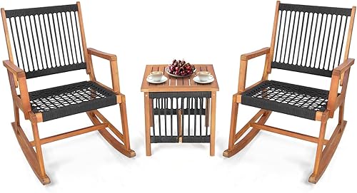 Miniatura 10 de Tangkula Juego de 3 mecedoras para patio, juego de bistró de madera de acacia con asiento y respaldo de ratán, 2 sillones para exteriores con mesa