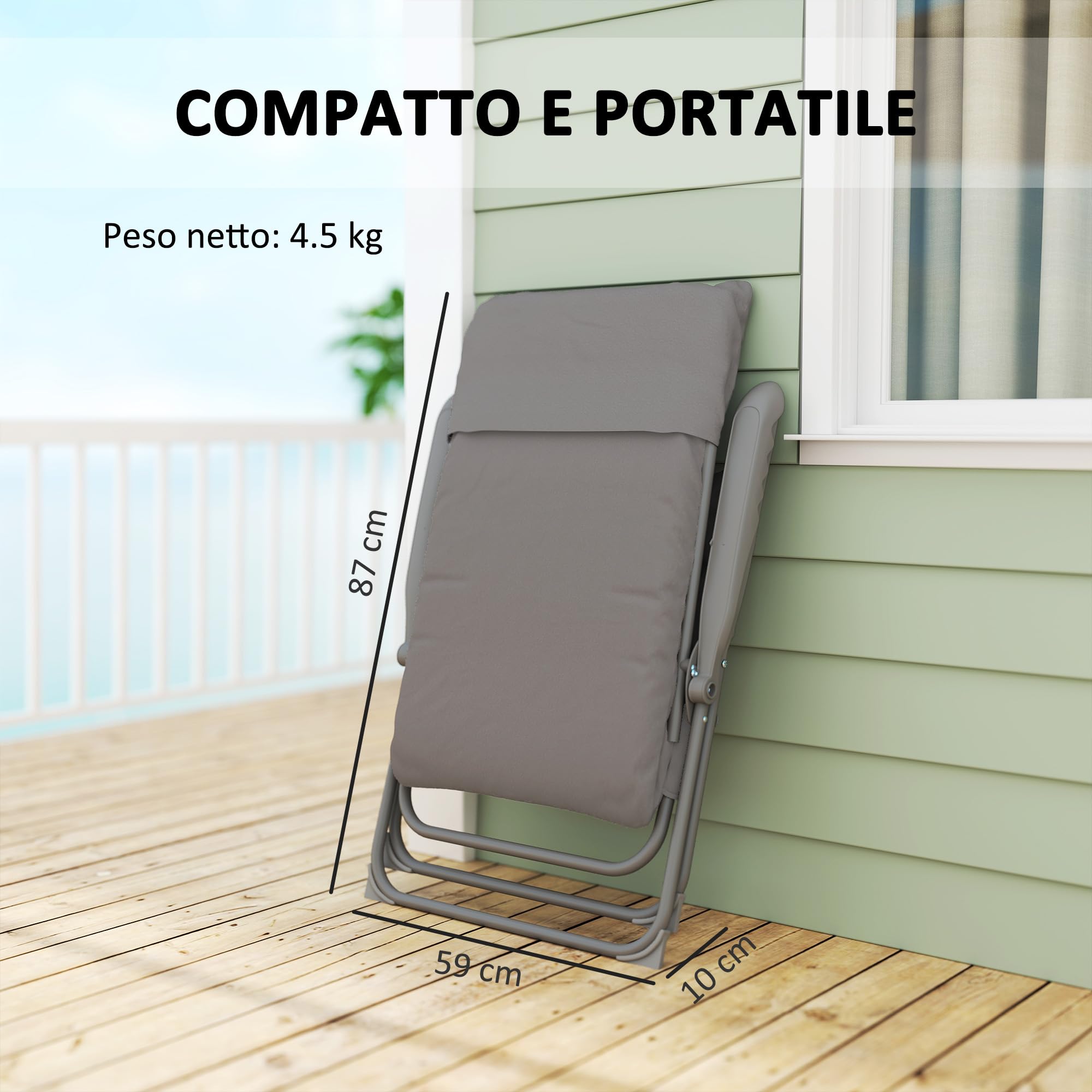 Outsunny Sedia da Campeggio Pieghevole con Schienale Alto Regolabile su 5 Livelli e Tasche Laterali, Sedia da Giardino in Tessuto Oxford e Metallo, Portata Fino a 120 kg, 66x58x105 cm, Grigio Chiaro