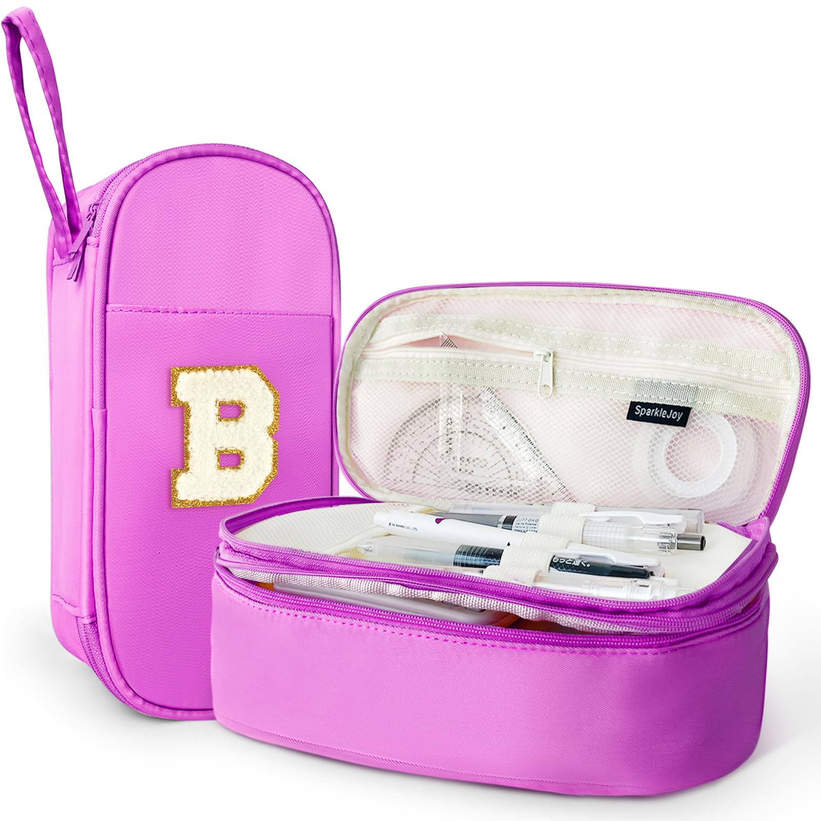 SparkleJoy Large Pencil Case for Girls, Personalised with Plush Letter (A-Z), Double Compartment School Supplies for Pens & Stationery, Cute Kawaii Gift for Teens & Adolescents&Woman (B, Purple)
