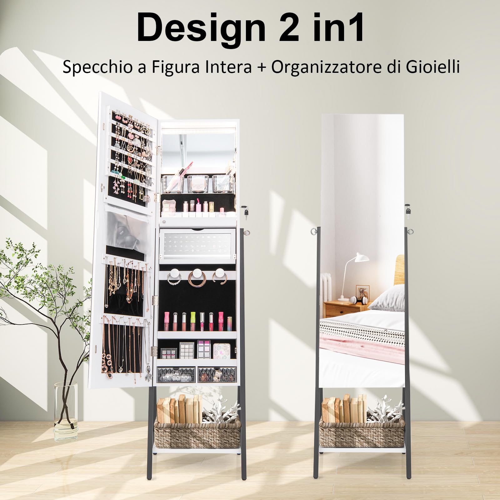 COSTWAY Armadietto Portagioie Con Specchio - Da Appendere A Muro O Porta, Bianco/Nero, Capiente - Foto 10