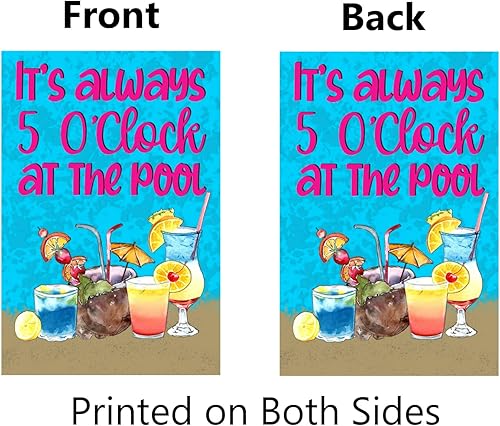 Miniatura 2 de Bandera de jardín de piscina de verano de 12 x 18 pulgadas, doble cara con texto en inglés "It's Always 5 O'clock at The Pool", banderas decorativas