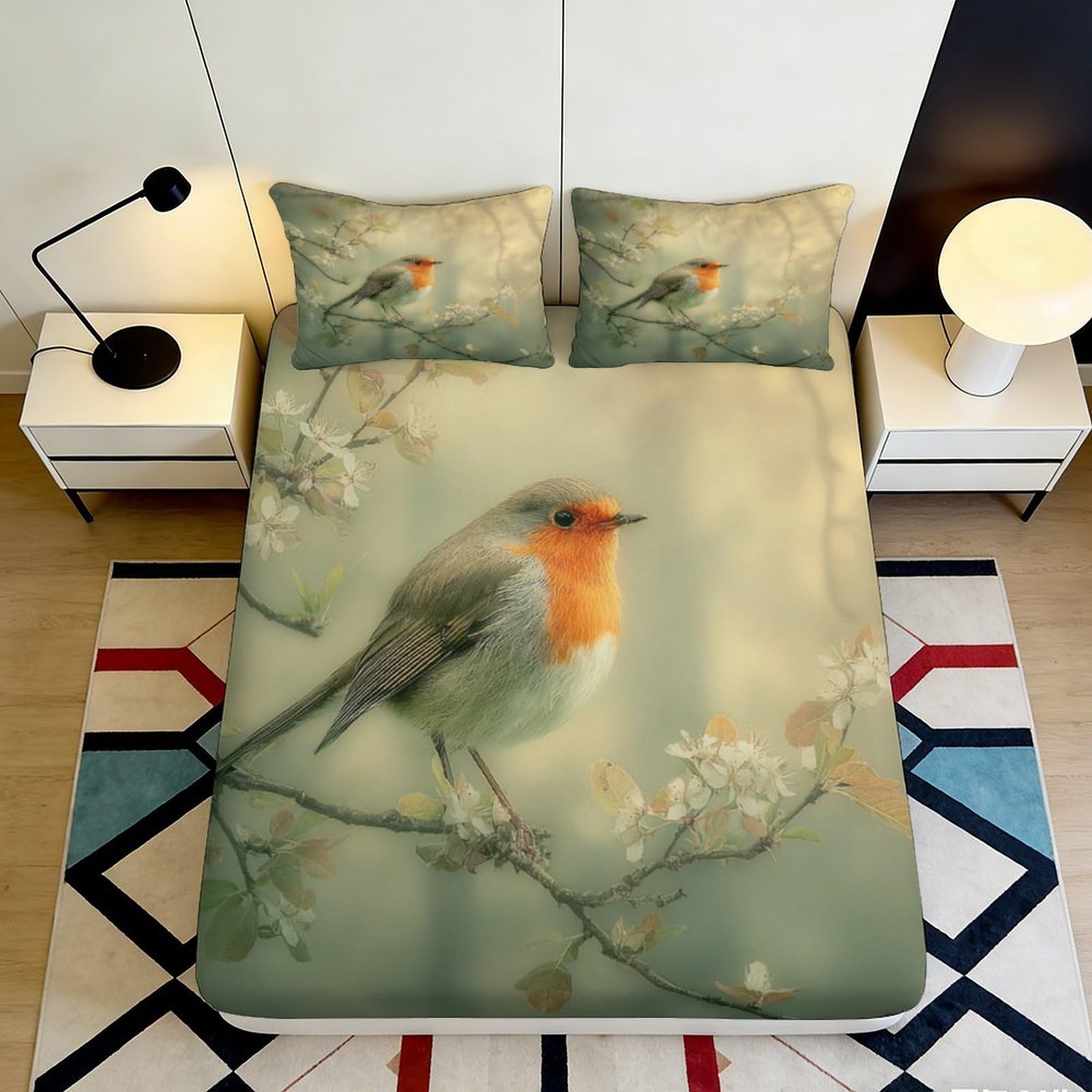 3D Printed Robin Bird Fitted Sheet Microfiber Soft Bedroom Decor Spring Branch Mattress Cover for Adults Teens 90x200x25cm