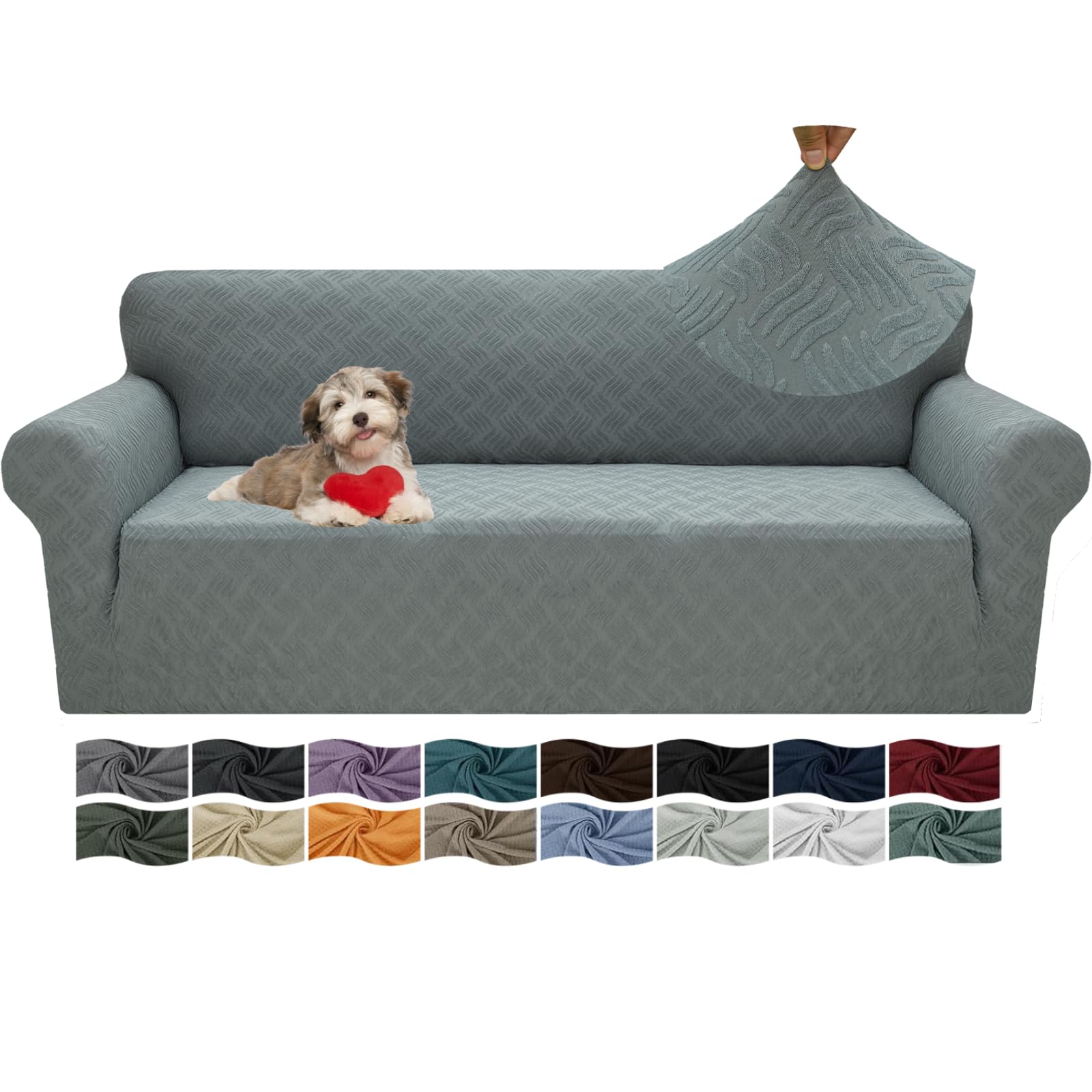 JIVINER Stretch Couch Cover 1 Piece Jacquard Sofa Covers for 3 Cushion Couch, Pet Dog Cat Friendly Sofa Slipcover 3 Seater Funiture Protector with Elastic Bottom (Large, Leaf Patten Light Gray)