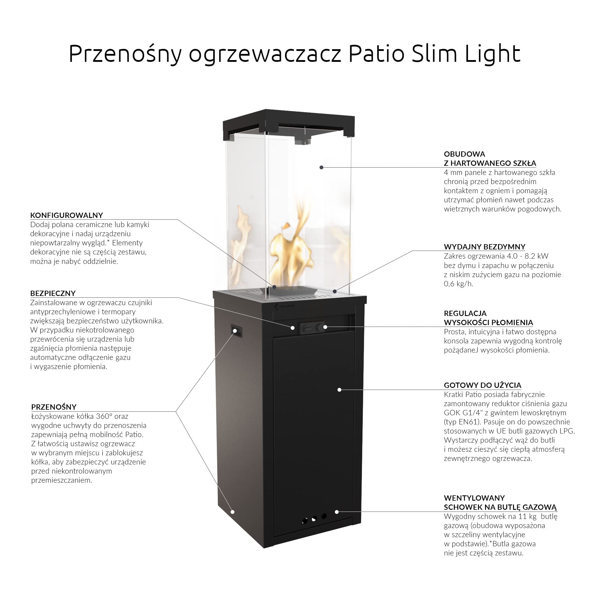 KRATKI tarasowy ogrzewacz gazowy Patio Light czarny 8,2 kW - Propan G31/37mbar - wydajny ogrzewacz zewnętrzny - łatwe sterowanie - kominek ogrodowy - zestaw z wężem i reduktorem