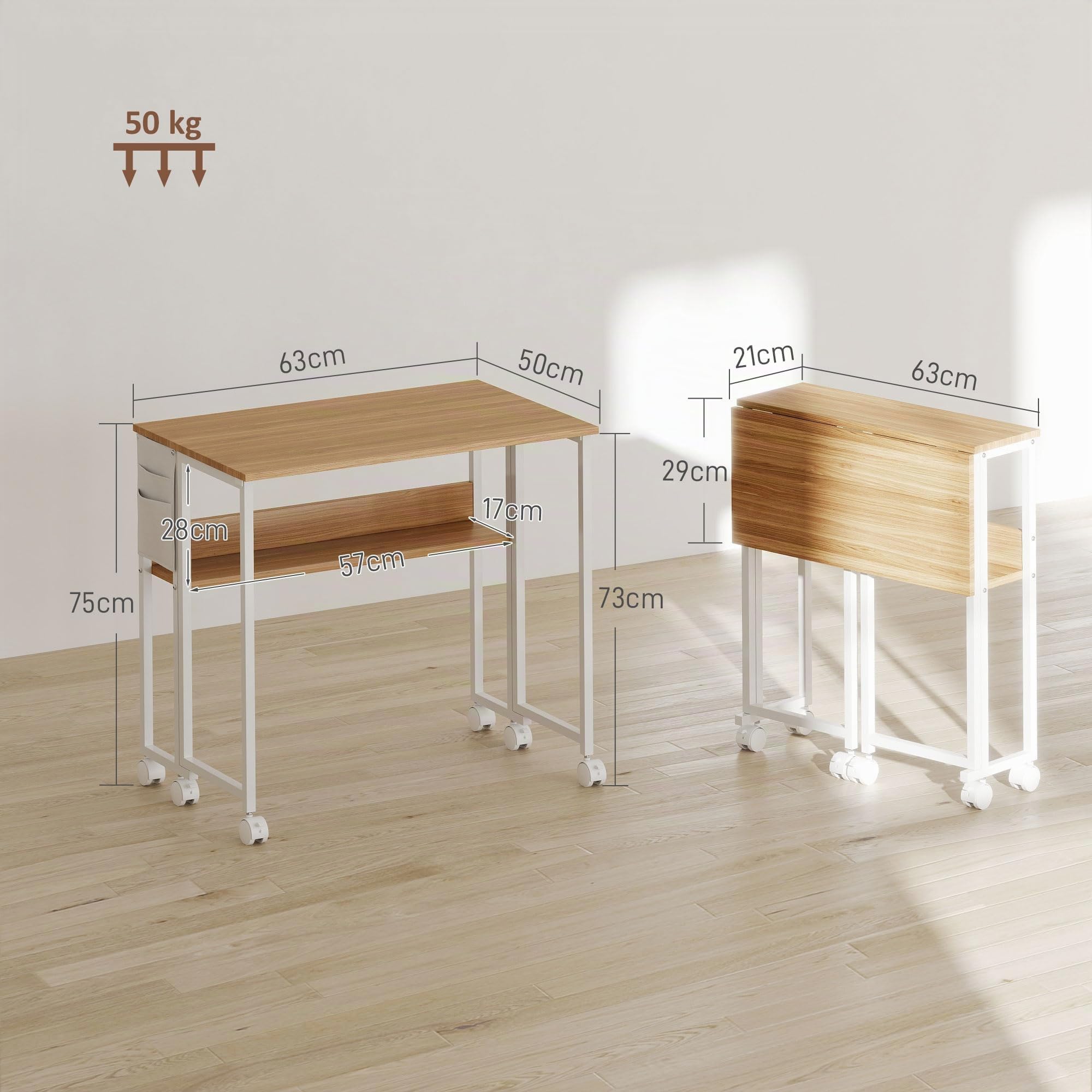 HOMCOM 63 cm Klappschreibtisch mit Rollen mit Regal für Home Office Natur | Schreibtisch, Klappbar, Kleiner, Platzsparend, Computertisch, Aufbewahrungstasche