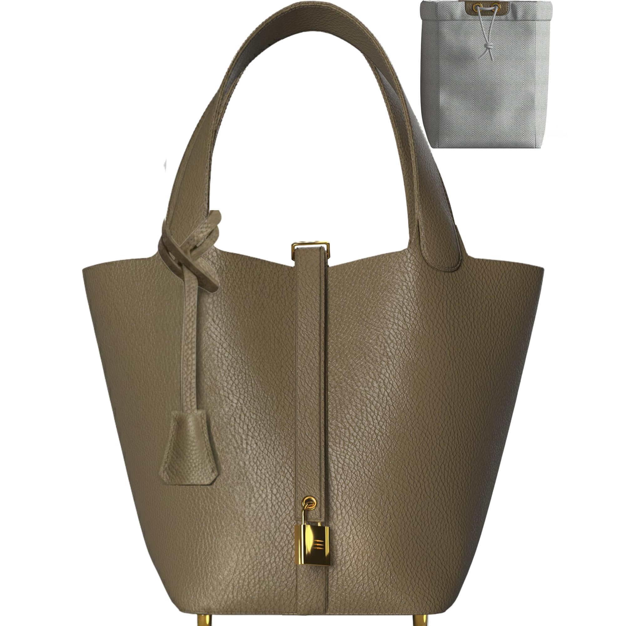 Leather Bucket Bag – Premium Vegan Leather Satchel with Drawstring Pouch, Mini Lock Design