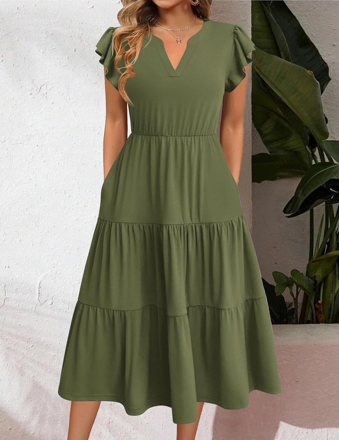 ZEAGOO Womens Summer Casual Dresses Ruffle Sleeve V Neck Midi Dress Flowy Tiered Dress with Pockets Boho Sundresses - Image 2