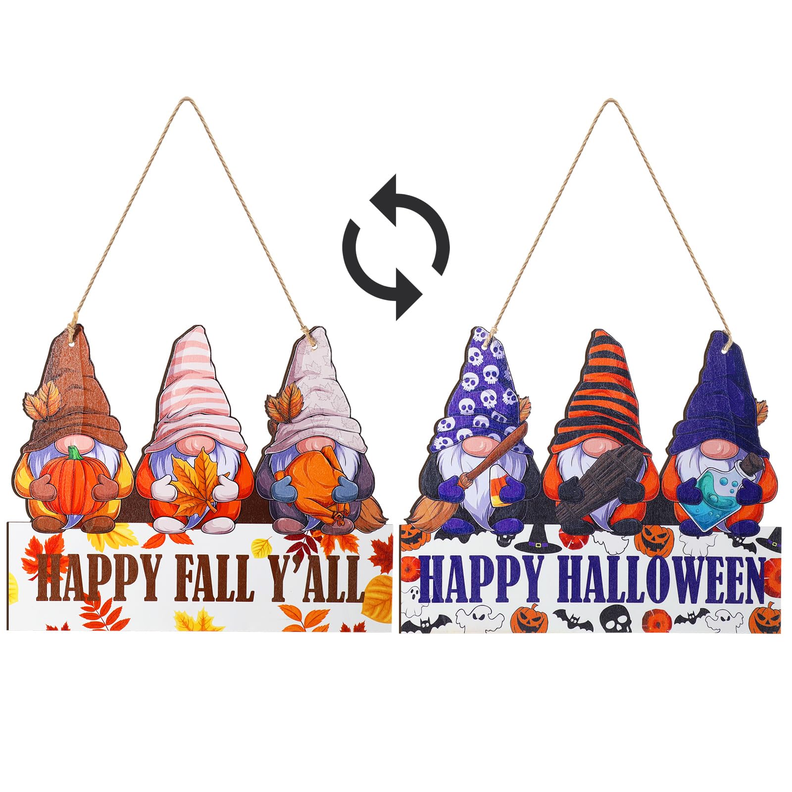 Tioncy Reversible Halloween Decor Thanksgiving Fall Decor Gnome Wooden Sign Happy Halloween Happy Fall Door Hanger Fall Door Sign Halloween Wood Sign for Front Door Porch Home Wall Indoor Outdoor
