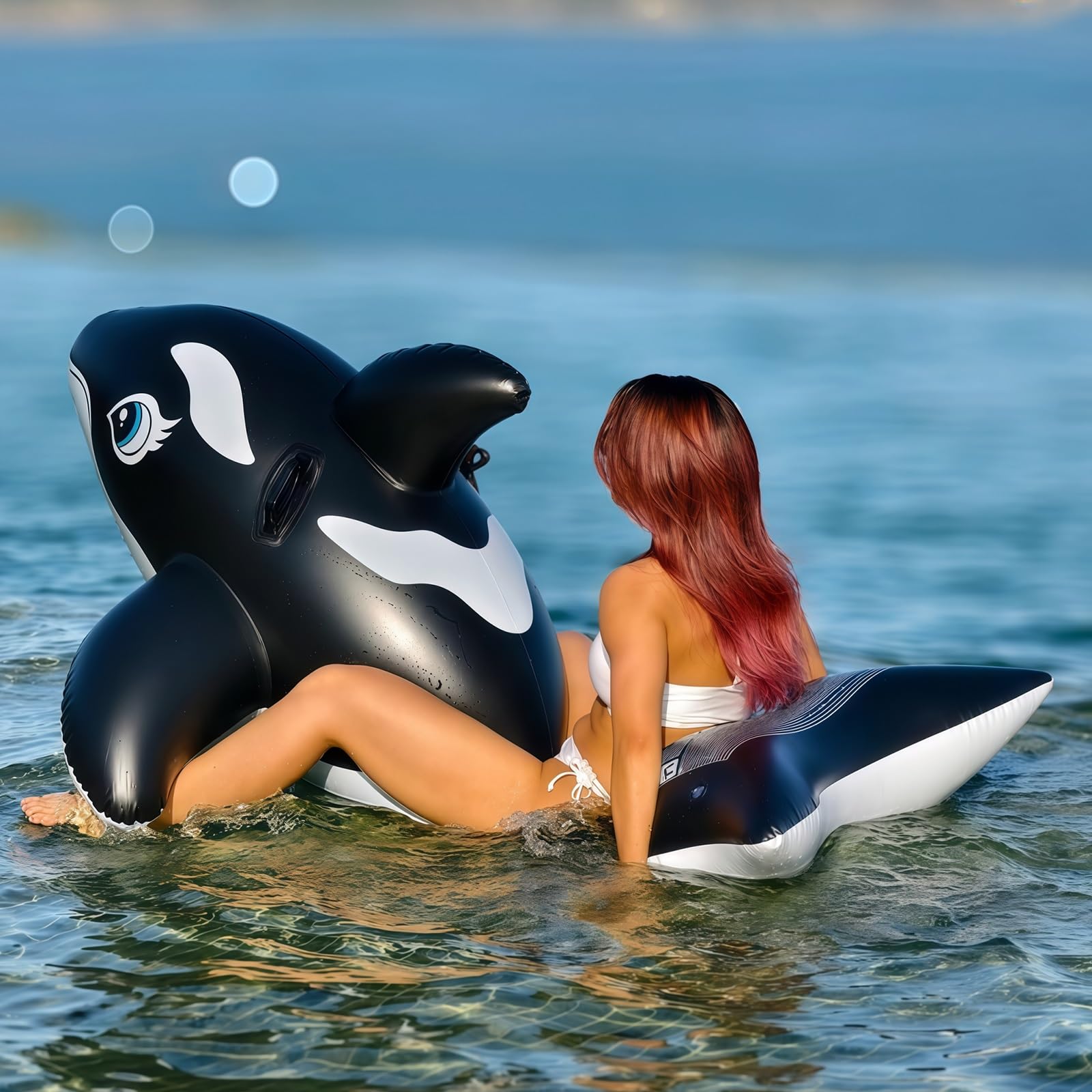 Gran Flotador Inflable de Orca con Asas reforzadas, PVC Robusto para Adultos y niños, Piscina Playa Lago Parque acuático