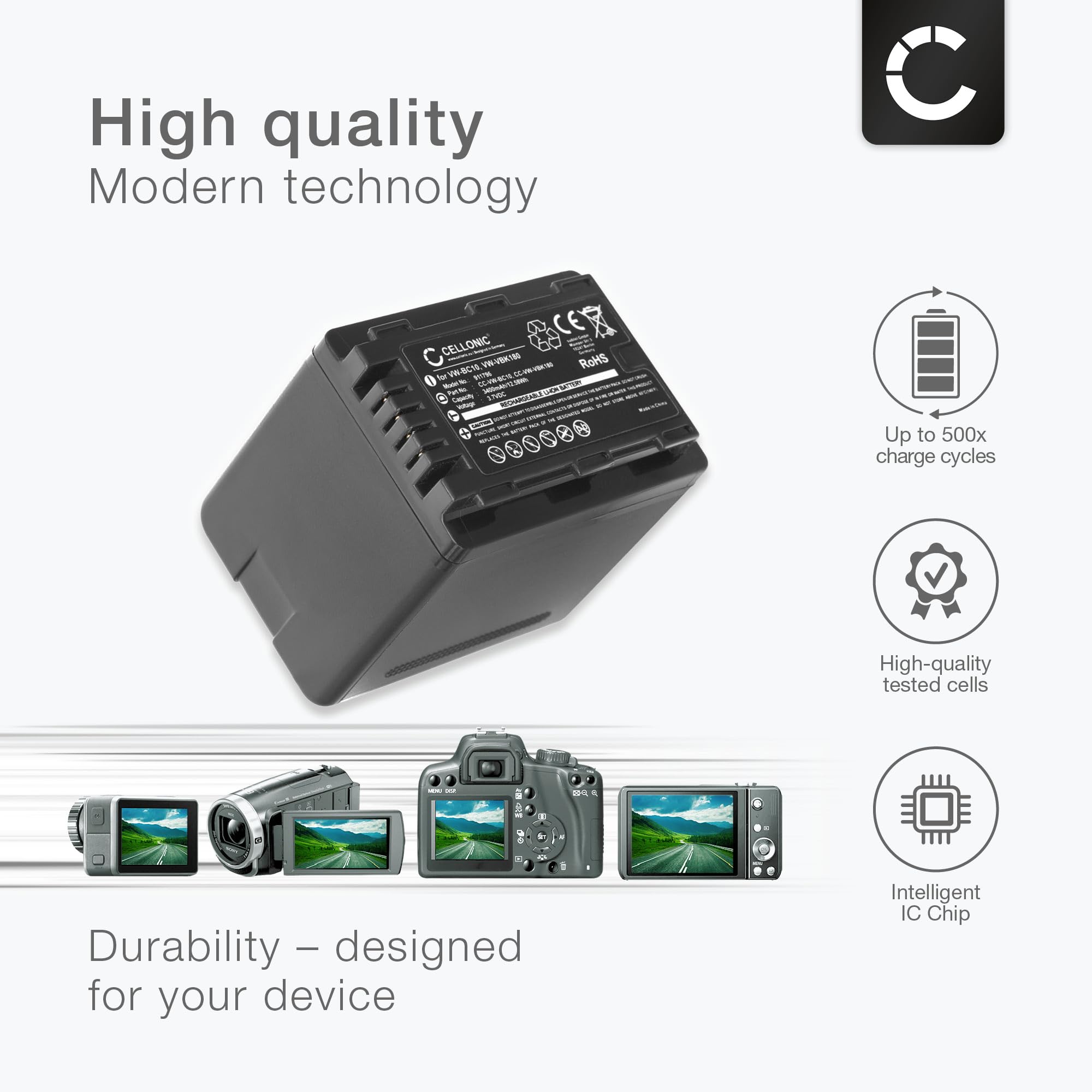 CELLONIC 1x Batteria per Fotocamera Compatibile con Nokia 3650, Compatibile con Panasonic HC-VX870, HDC-SD40, VW-VBK180 – (3400mAh, 3.7V)