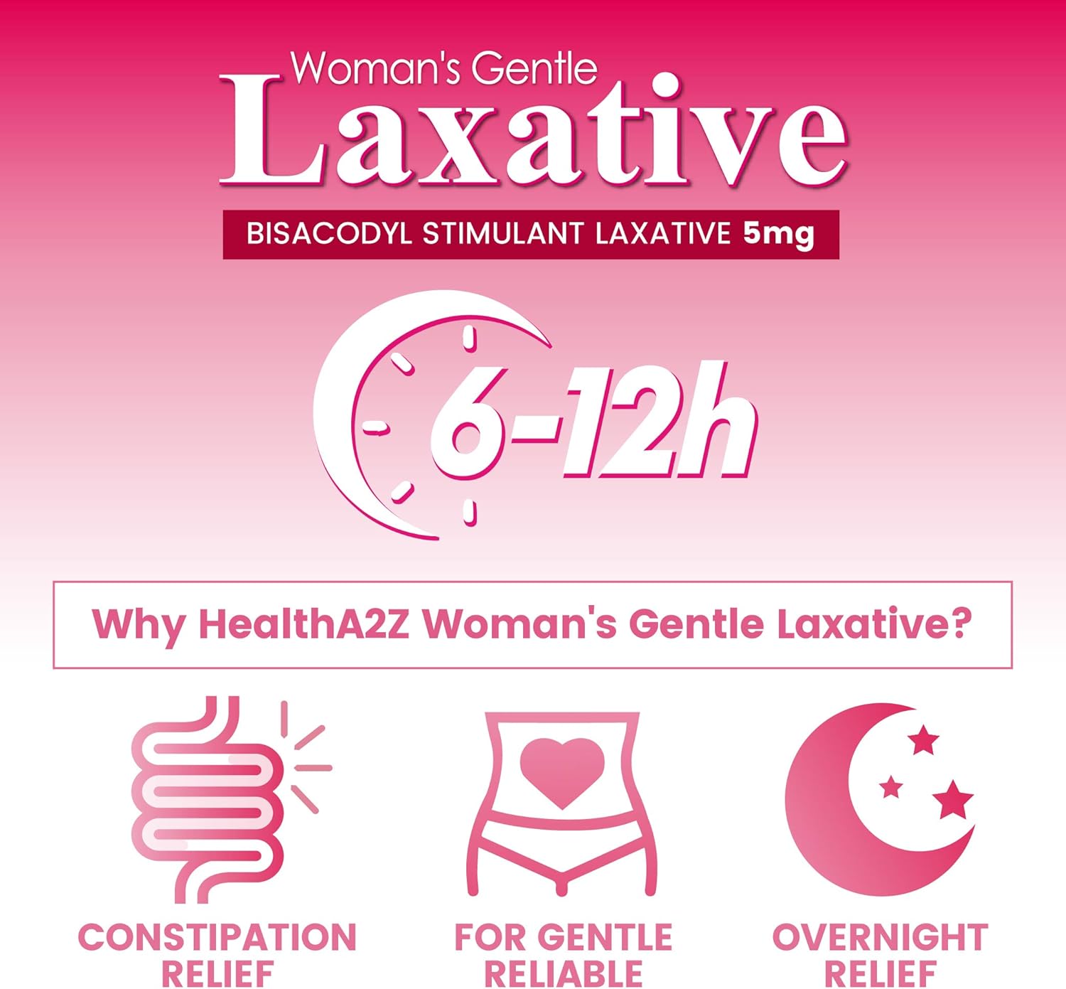 HealthA2Z® Woman’s Gentle Laxative | Bisacodyl 5mg Stimulant Laxative | Constipation Relief | Gentle & Reliable Overnight Support | 24 Packs of 25 Tablets Each (600 Tablets Total) | Value Pack