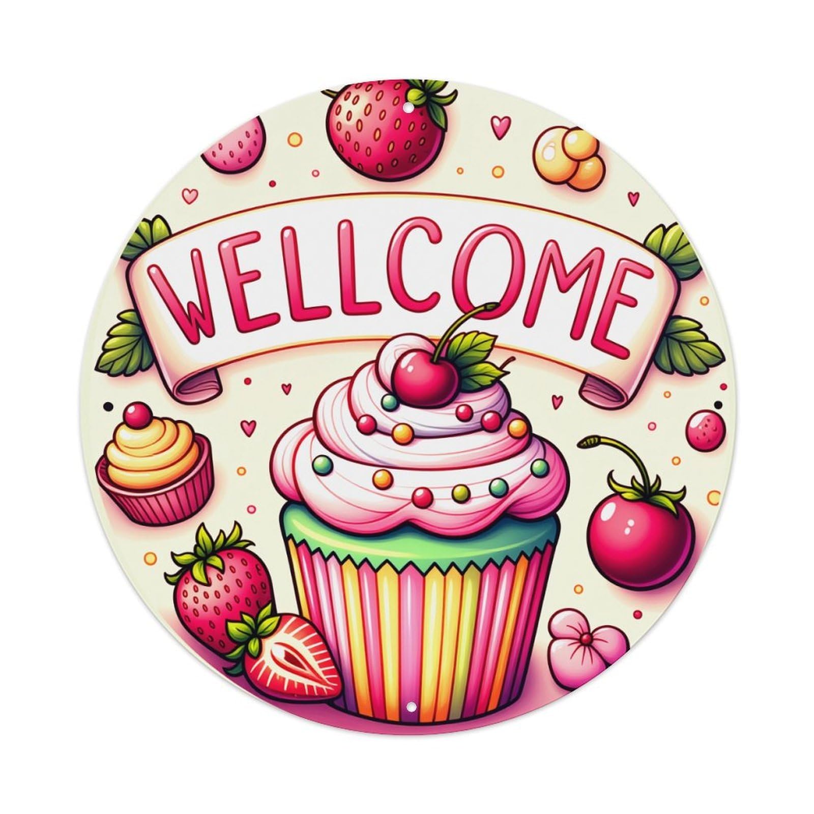 Cupcake Strawberry Cherry Hearts Leaves Round Tin Sign Vintage Metal Poster, Home Bar Garage Man Cave Cafe Indoor & Outdoor Wall Decoration 8x8Inches
