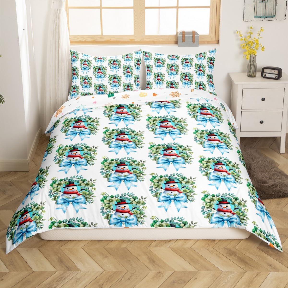Homemissing Christmas Bowknot Snowman Comforter Cover Set Xmas Blue Bowknot Bedding Set Double Size for Kids Boys Girls Christmas Duvet Cover Set Christmas Quilt Cover,No Comforter