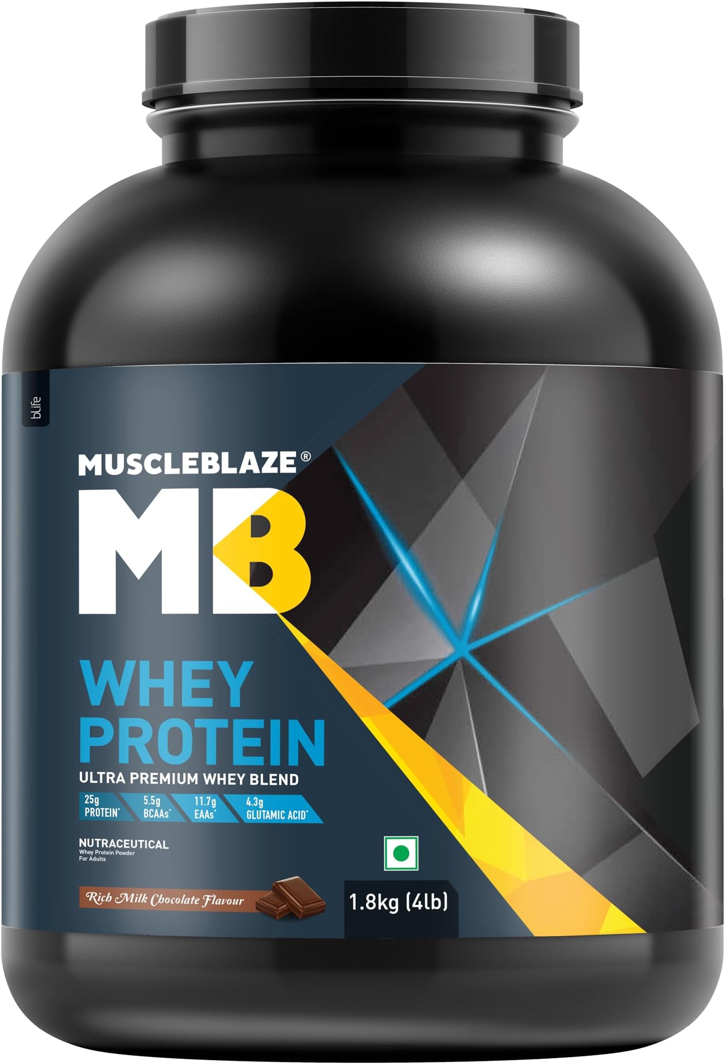 MuscleBlaze 100% Whey Protein, Ultra Premium Whey Blend (Rich Milk Chocolate, 1.8 kg / 4 lb)