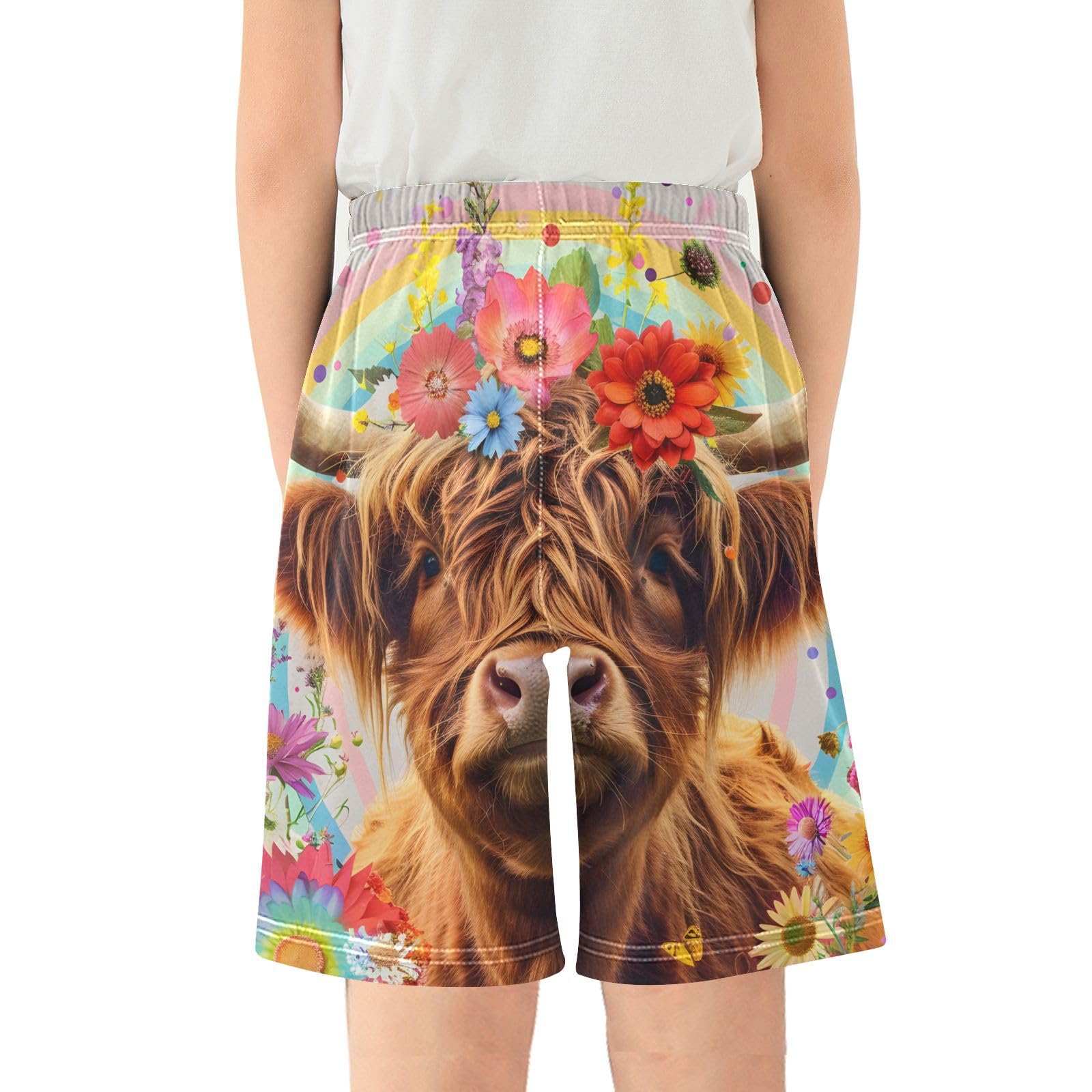 ALAZA Highland Cow Rainbow Flowers Boys Athletic Shorts Kids with Pockets Shorts for boy Girl Size 6-8 Years