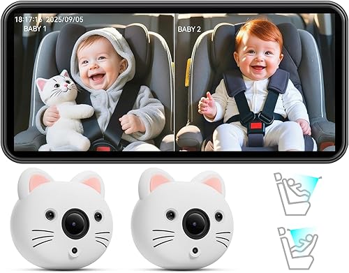 Cámara de coche para bebé para 2 niños, monitor IPS de pantalla dividida de 6.9 pulgadas con doble cámara de asiento trasero HD de 1080P, bonitas