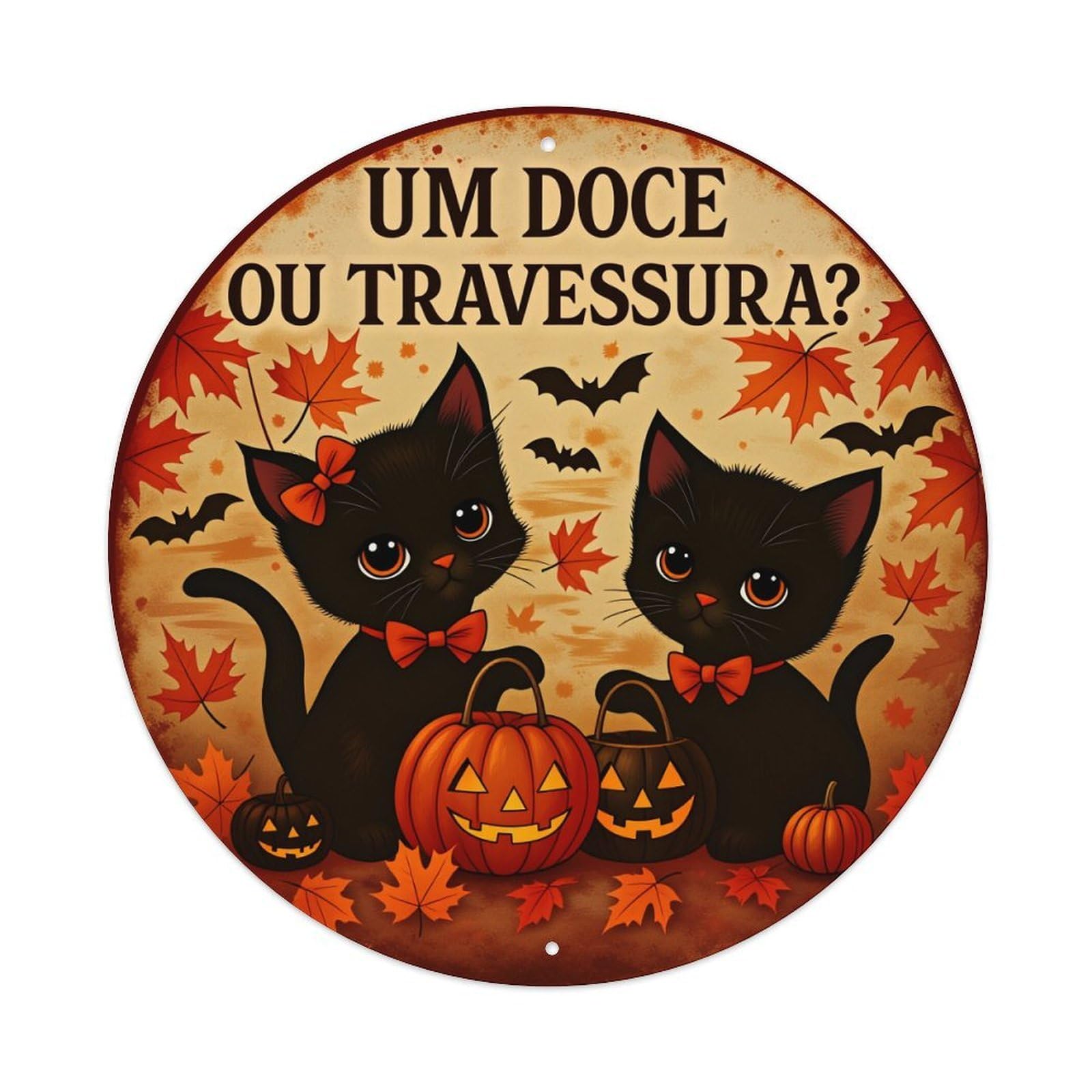 Black Cats Pumpkins Bats Leaves Halloween Round Tin Sign Vintage Style Metal Sign Home Bar Garden Wall Plaque Decor Metal Poster 8x8 Inch