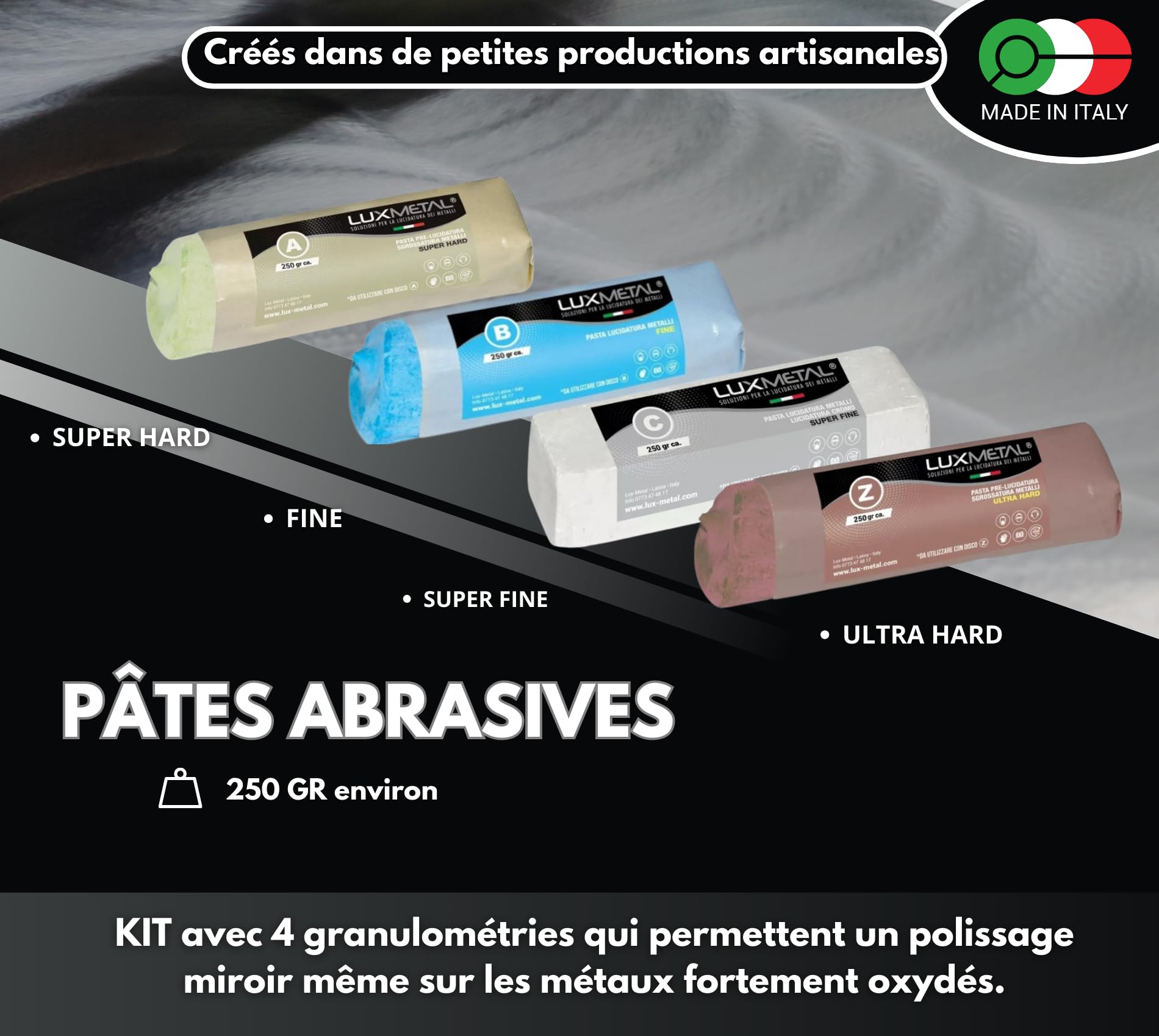 Kit 4 Disques de Polissage de 150 mm et 4 Pâtes Abrasives de 250 gr - Parfaits pour polir des métaux tels que l'aluminium, le fer, l'acier inoxydable, le laiton, le cuivre, l'or, le marbre