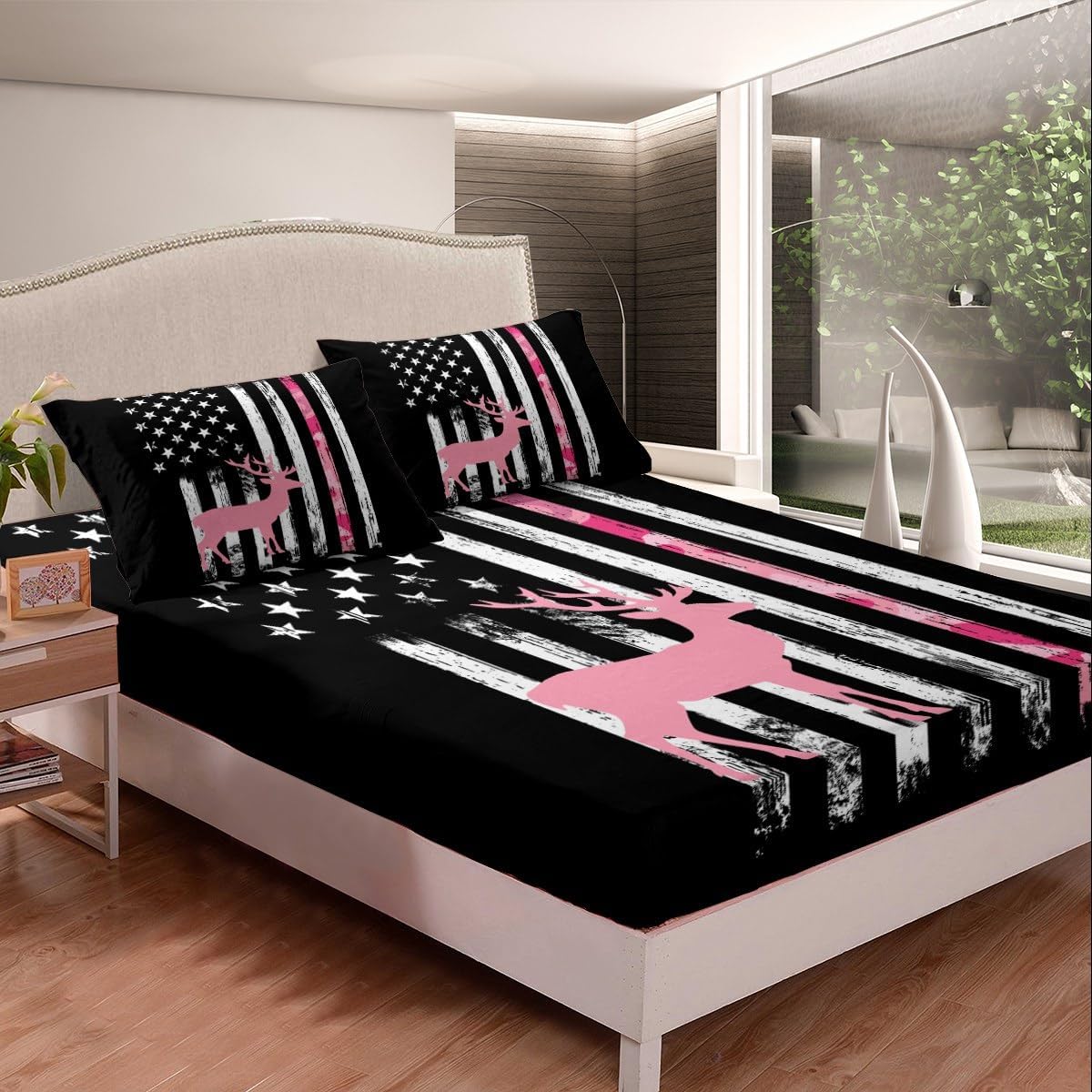 Feelyou American Flag Bed Sheets Set Cute Deer Sheet Set Deer Hunting Sheets with Deep Pocket Fitted Sheet for Women Men Room Decor Western Farmhouse Bedding Set Queen Size with 2 Pillow Case