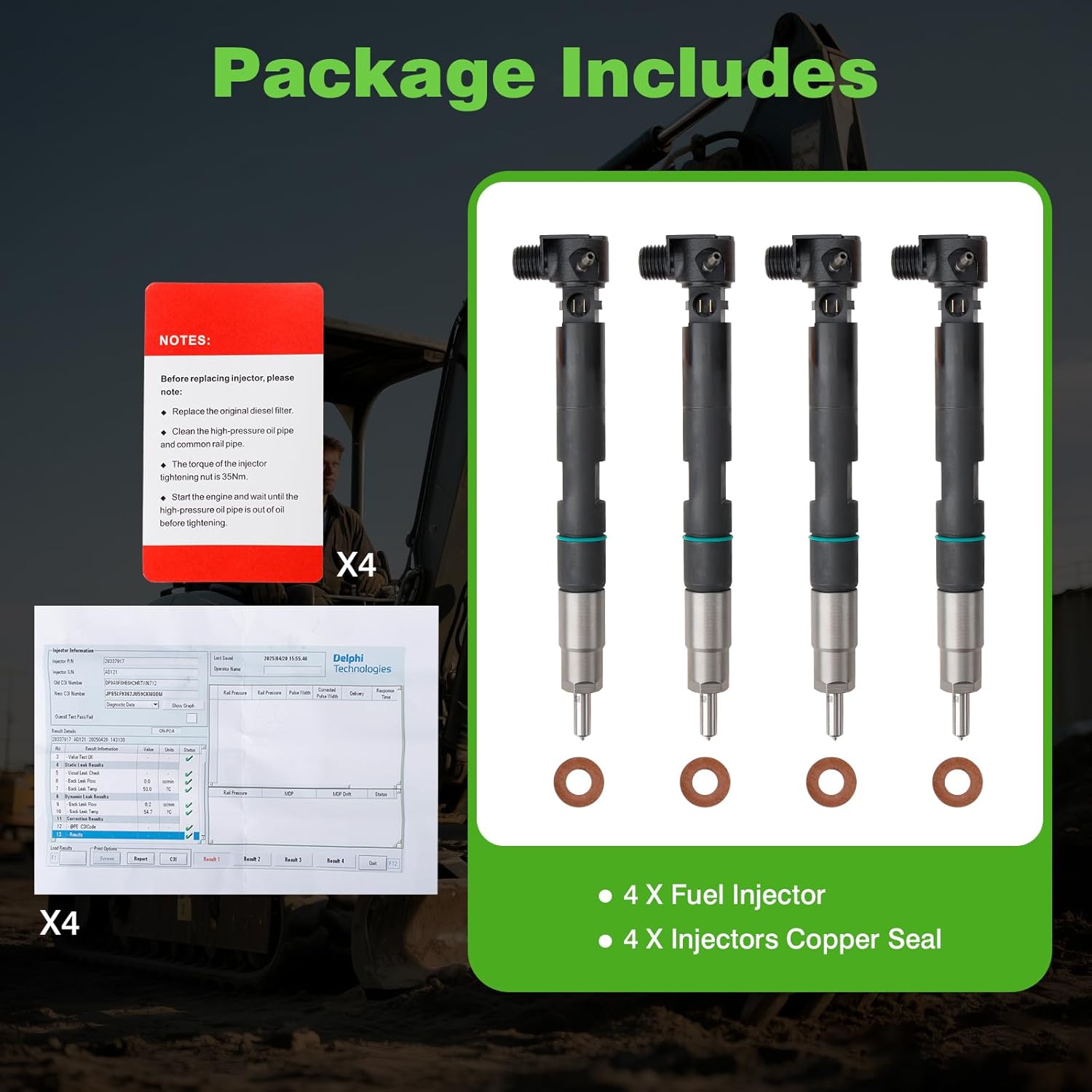 4PCS Fuel Injectors with Seals for Bobcat Excavators E45/E50 & Skid Steers - Compatible with Doosan, Replaces OE 7275454, 28337917, 400903-00074D