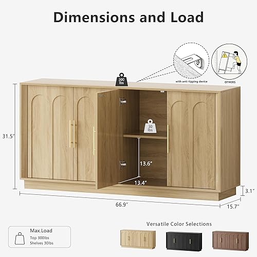 Miniatura 2 de Aparador buffet con almacenamiento, armario moderno con puertas arqueadas, consola modular bohemia, creenza minimalista grande de 67 pulgadas para