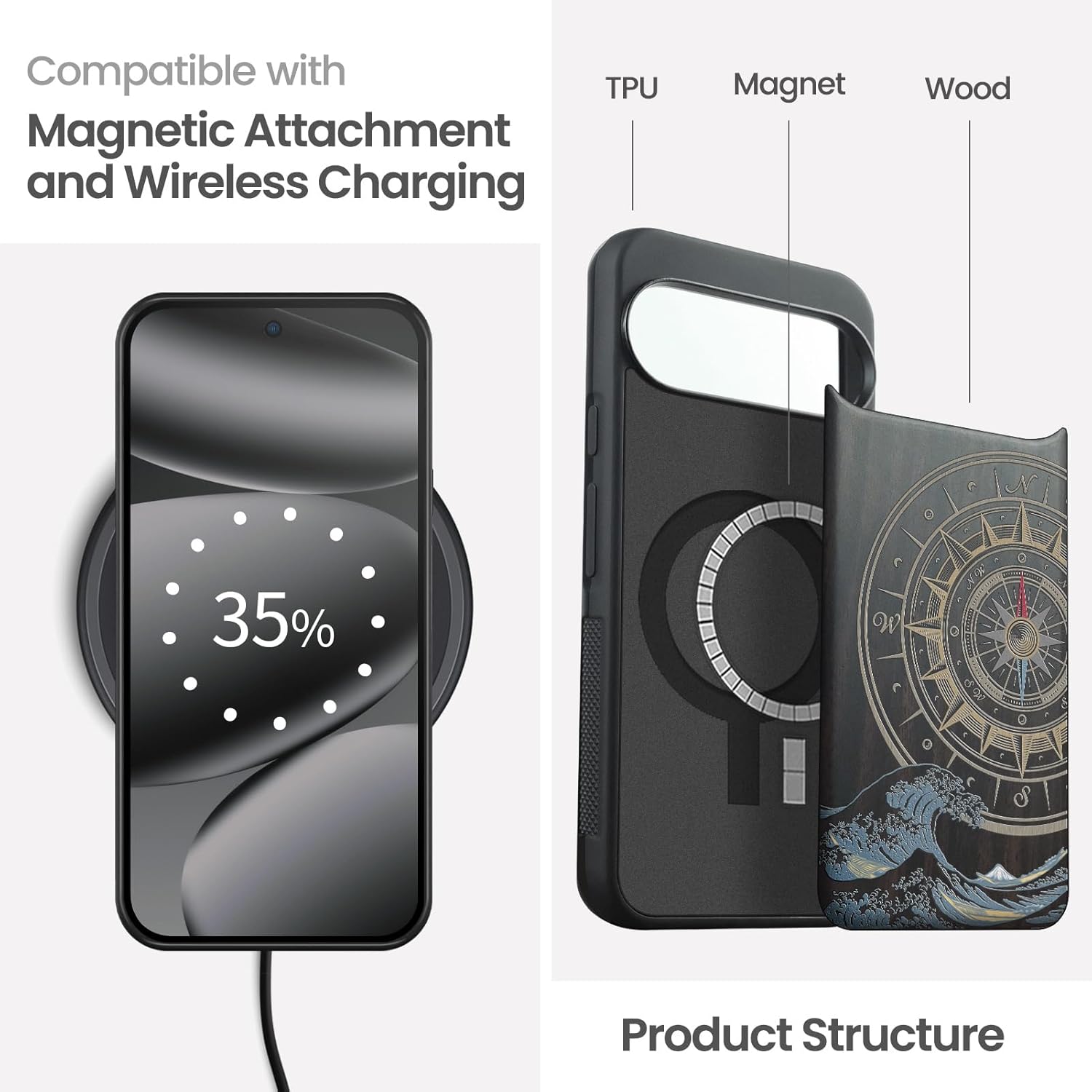 Magnetic for Google Pixel 10 Pro XL Case Compatible with MagSafe Wireless Charging, Natural Wood Cover & Art Painting, Shockproof TPU Phone Case, Hand-Drawn Pattern - Compass and Wave