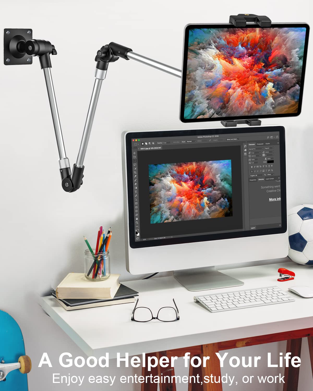 Support mural pour tablette iPad, support de tablette avec bras réglable de 88,9 cm pour meuble de cuisine ou bureau