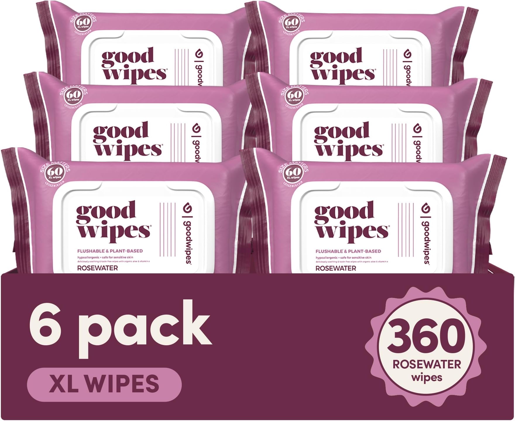 goodwipesFlushable & Plant-Based Wipes with Botanicals | Dispenser for At-Home Use | Rosewater with Aloe Septic and Sewer Safe | 360 count (6 packs) - Biggest Adult Wipes