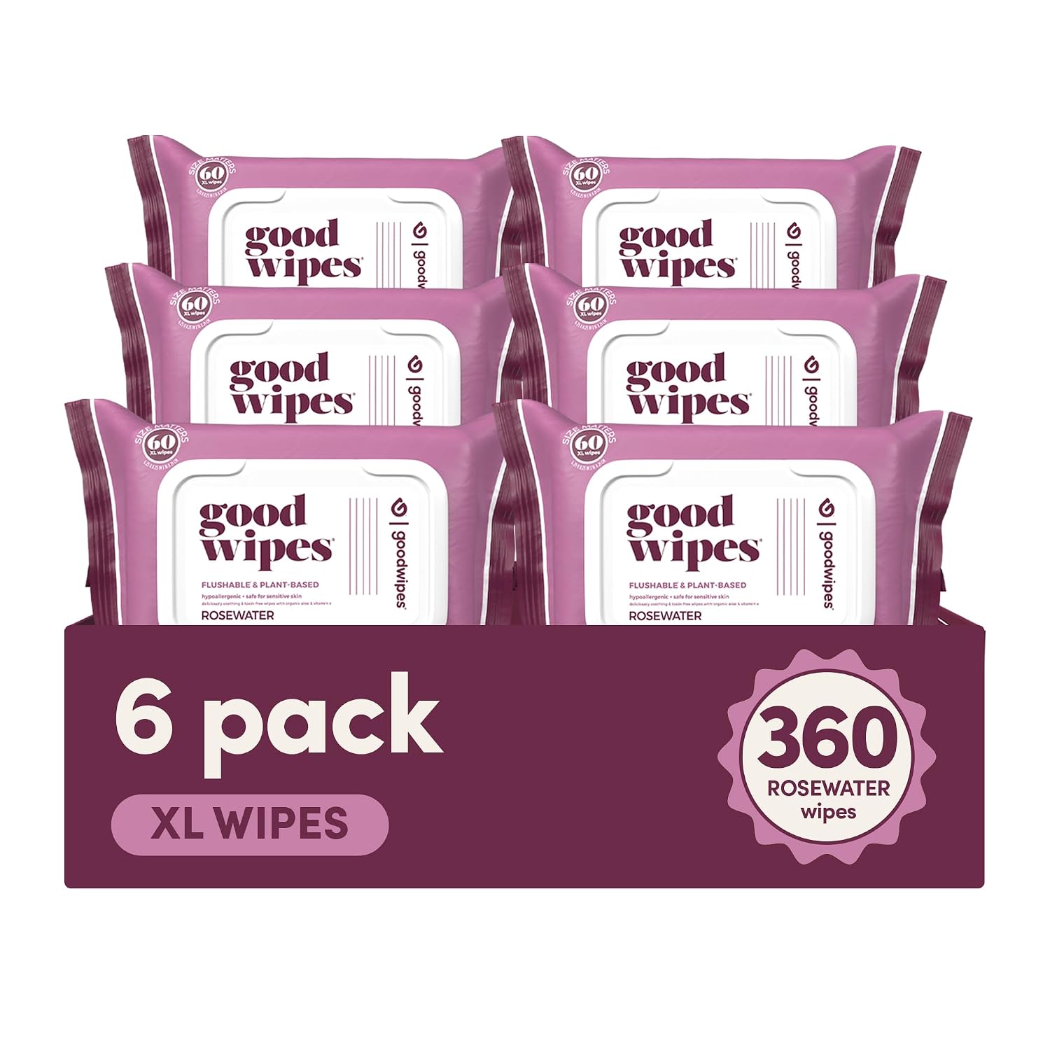 goodwipes Flushable Butt Wipes Made with Vitamin E & Aloe – Soft & Gentle Wet Wipe Dispenser for Home Use, Septic & Sewer Safe – Largest Adult Toilet Wipes – Rosewater, 60 Count