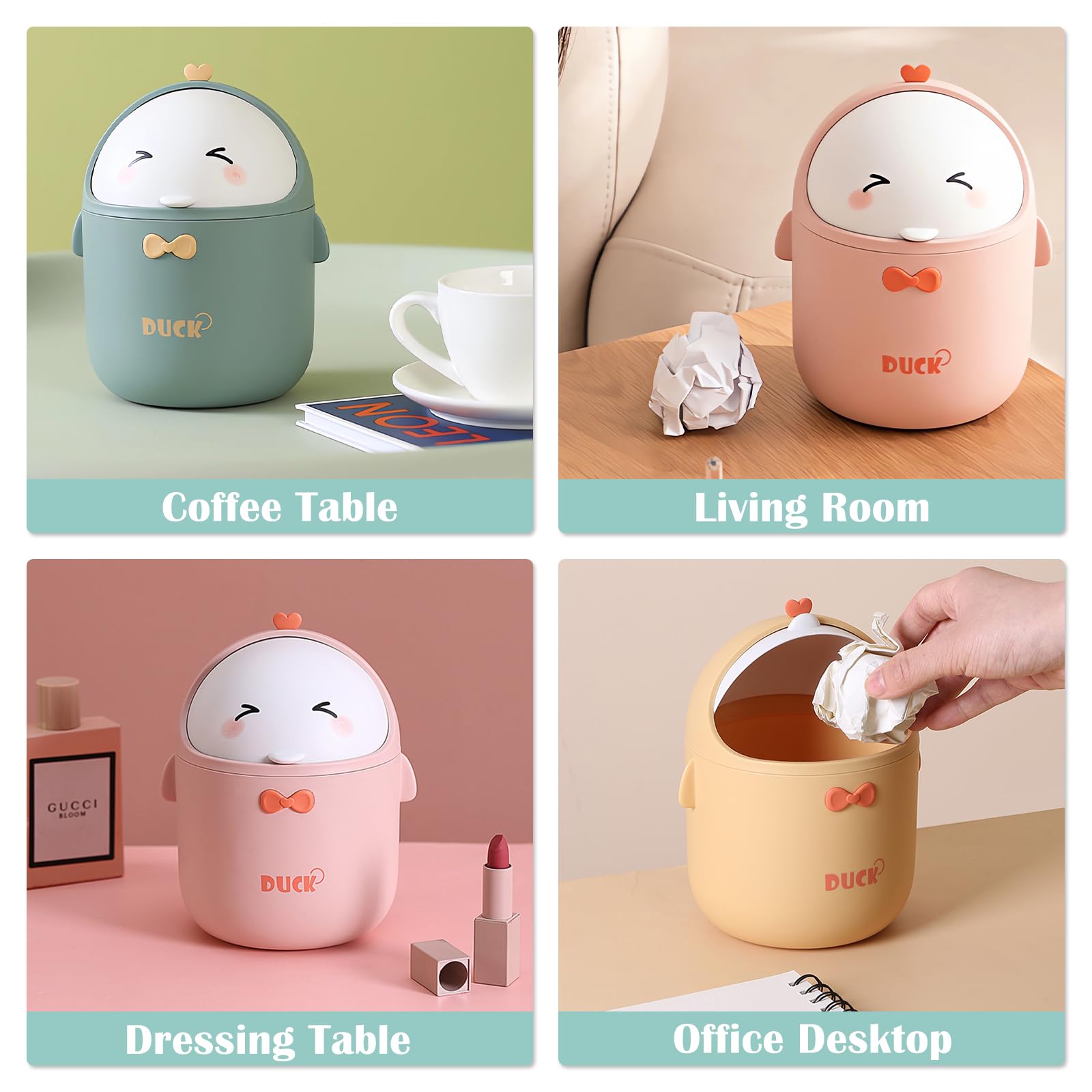 Accessorio Ufficio Pattumiera Da Tavolo Con Coperchio - Mini Cestino Portatile Con Adesivi Simpatici - Per Scrivania, Casa, Cucina - Rosa Cestino Portatile Con Design Animali - 12