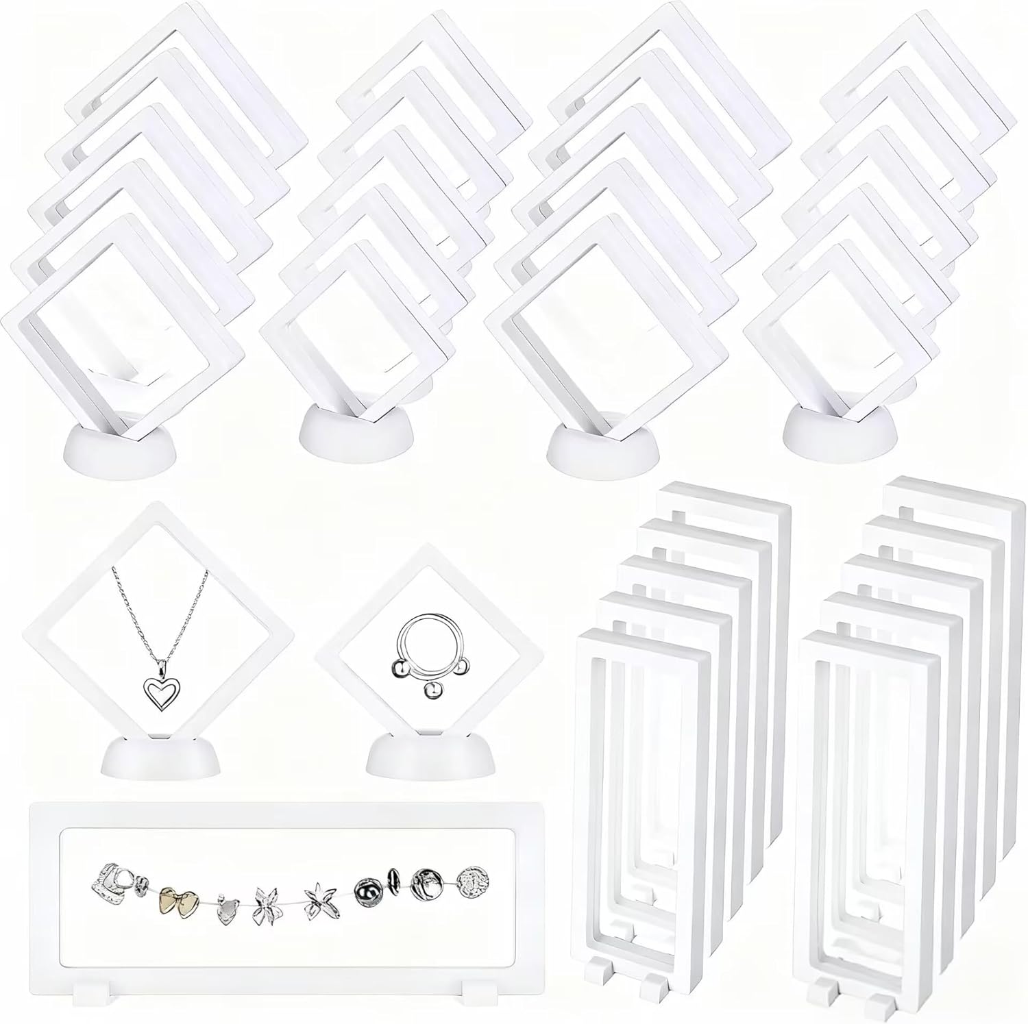 30 PCS Floating Display Case, Challenge Coin Display Stand, 3D Floating Frames Transparent PE Jewelry Storage Box for Medal, Medallion, Stamps (White)