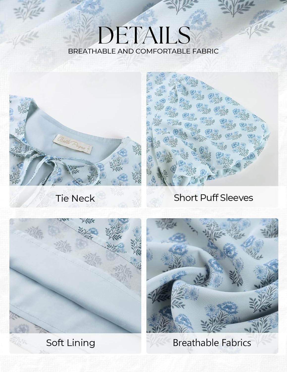 Belle Poque Floral Babydoll Tops for Women Short Puff Sleeve Tie Front Blouse Loose Fit 2026 Summer Boho Tops Outfits - Image 5